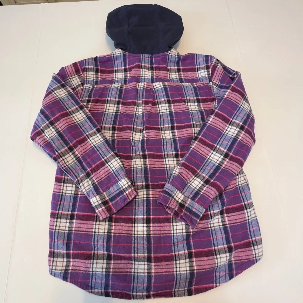 LL Bean Kid Purple Plaid Fleece Lined Hooded Flannel Shirt Jacket M 10-12 502123